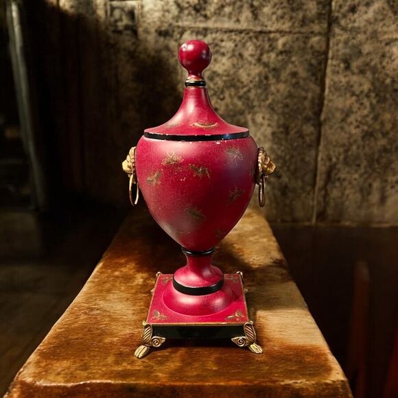 Red Tole Metal Urn-Oriental Accents-Brass Lion Head Handles-Vintage-Chestnut-Lid - Picture 2 of 10